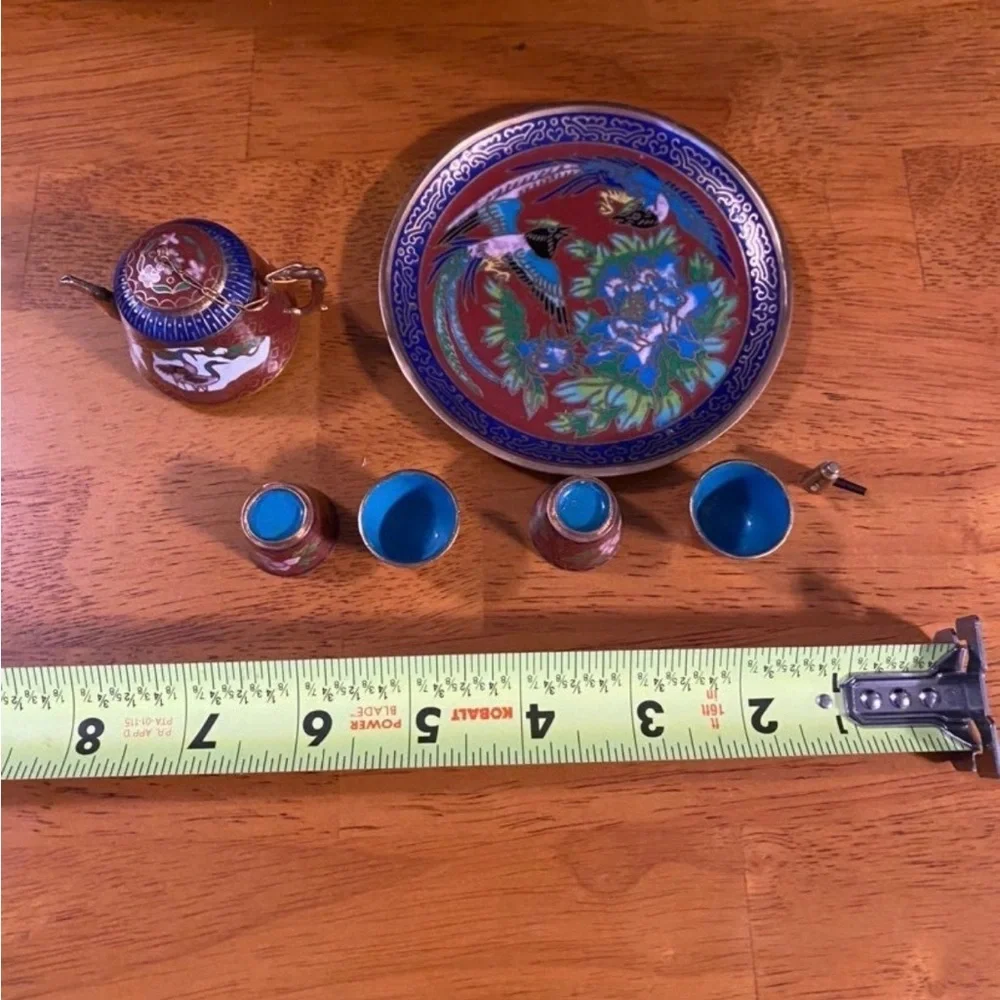 Cloisonné Decorative Plate with Bird & Floral Motif in Blue and Red
